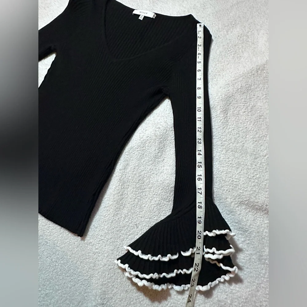 Milly | Ribbed Ruffle Bell Sleeve V-Neck Knit Top | Small - Picture 10 of 12